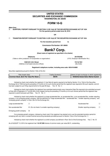 Miniature Bank7 10-Q Rapport trimestriel 2019 