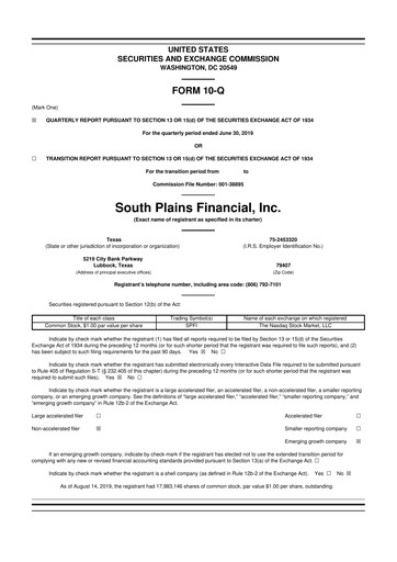 Thumbnail South Plains Financial 10-Q Quarterly Report FY2019 