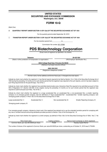 Miniature PDS Biotechnology
 10-Q Rapport trimestriel 2019 
