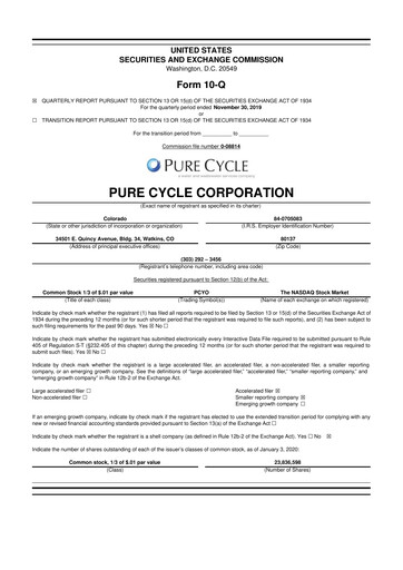 Thumbnail Pure Cycle (water) 10-Q Quarterly Report FY2020 