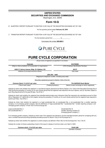 Thumbnail Pure Cycle (water) 10-Q Quarterly Report FY2020 