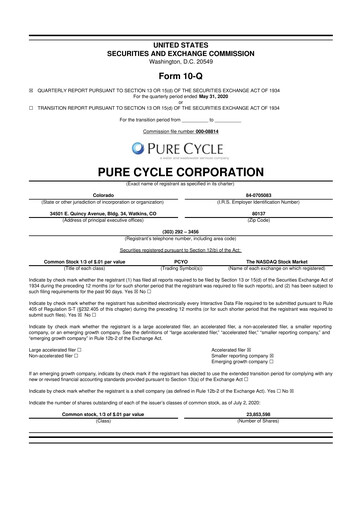 Thumbnail Pure Cycle (water) 10-Q Quarterly Report FY2020 