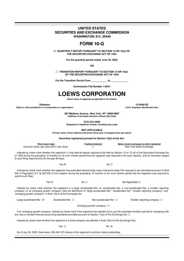 Thumbnail Loews Corporation
 10-Q Quarterly Report FY2020 