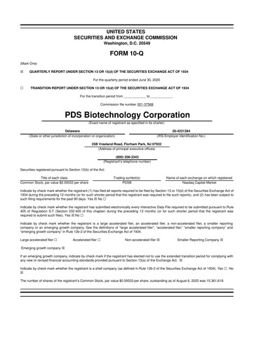 Miniature PDS Biotechnology
 10-Q Rapport trimestriel 2020 