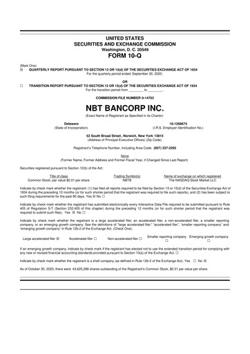 Thumbnail NBT Bancorp 10-Q Quarterly Report FY2020 