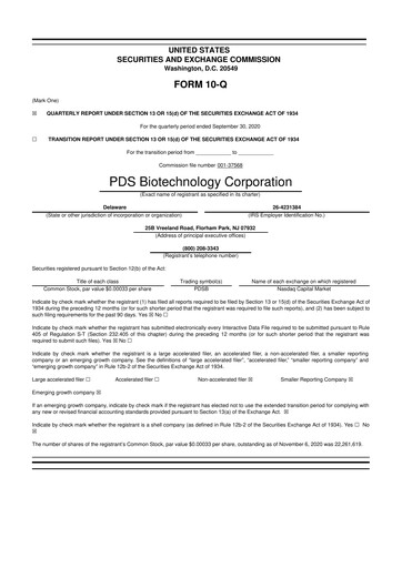 Miniature PDS Biotechnology
 10-Q Rapport trimestriel 2020 