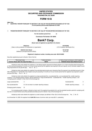 Miniature Bank7 10-Q Rapport trimestriel 2020 