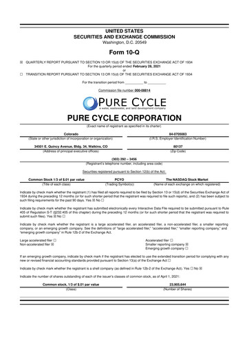Thumbnail Pure Cycle (water) 10-Q Quarterly Report FY2021 