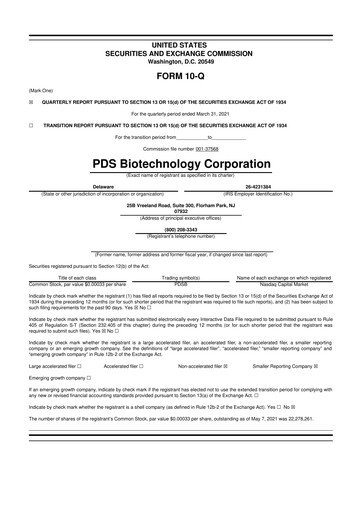 Miniature PDS Biotechnology
 10-Q Rapport trimestriel 2021 