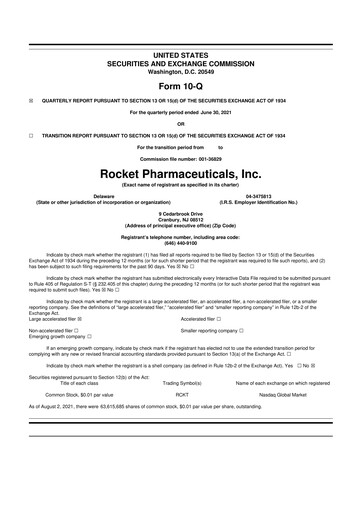 Thumbnail Rocket Pharmaceuticals
 10-Q Quarterly Report FY2021 