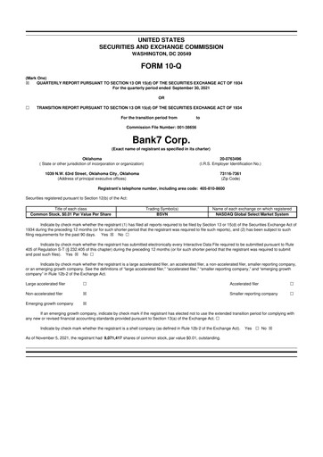 Miniature Bank7 10-Q Rapport trimestriel 2021 