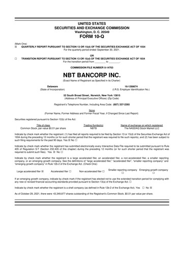Thumbnail NBT Bancorp 10-Q Quarterly Report FY2021 