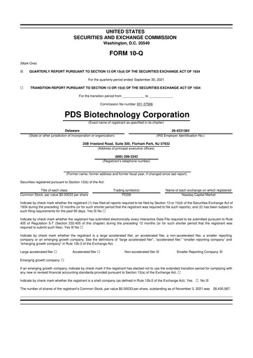Miniature PDS Biotechnology
 10-Q Rapport trimestriel 2021 