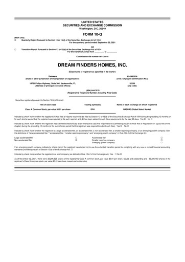 Thumbnail Dream Finders Homes 10-Q Quarterly Report FY2021 