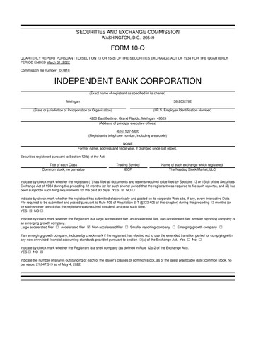 Thumbnail Independent Bank Corporation 10-Q Quarterly Report FY2022 