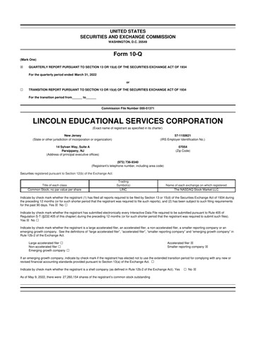 Miniature Lincoln Educational Services 10-Q Rapport trimestriel 2022 