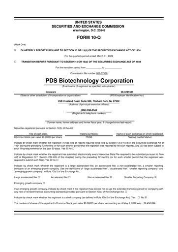 Miniature PDS Biotechnology
 10-Q Rapport trimestriel 2022 