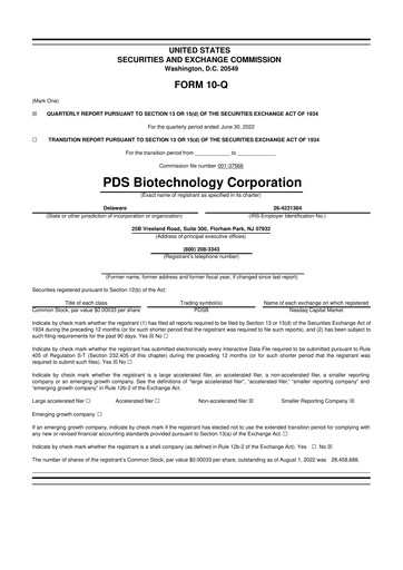 Miniature PDS Biotechnology
 10-Q Rapport trimestriel 2022 