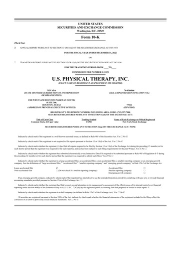 Thumbnail U.S. Physical Therapy, Inc. 10-K Annual Report 2022