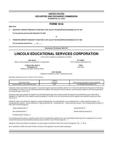 Miniature Lincoln Educational Services 10-Q Rapport trimestriel 2023 