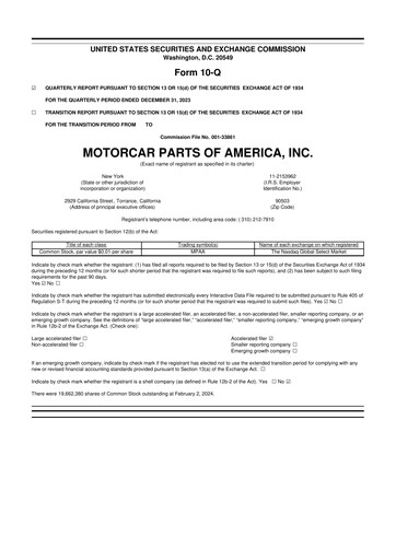 Thumbnail Motorcar Parts of America 10-Q Quarterly Report FY2024 