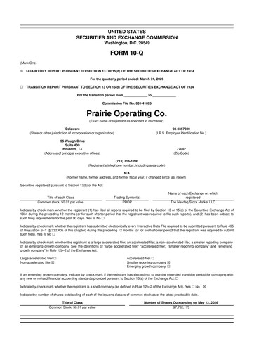 Thumbnail Prairie Operating 10-Q Quarterly Report FY 