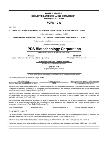 Miniature PDS Biotechnology
 10-Q Rapport trimestriel 2026 