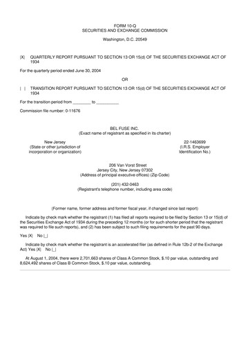 Miniature Bel Fuse 10-Q Rapport trimestriel  