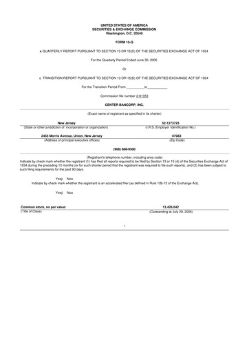 Thumbnail ConnectOne Bancorp 10-Q Quarterly Report FY 