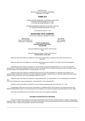 Thumbnail Investors Title Company
 10-K Annual Report 