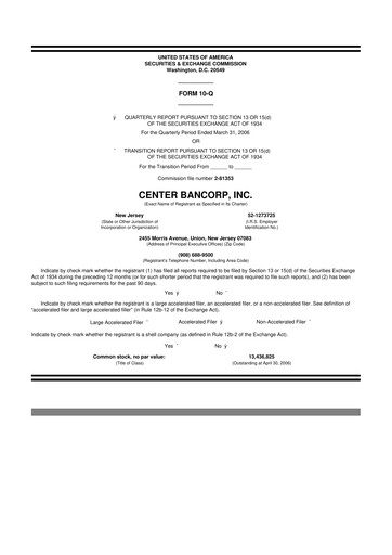 Thumbnail ConnectOne Bancorp 10-Q Quarterly Report FY 