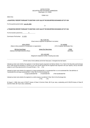 Miniature Bel Fuse 10-Q Rapport trimestriel  