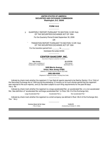 Thumbnail ConnectOne Bancorp 10-Q Quarterly Report FY 