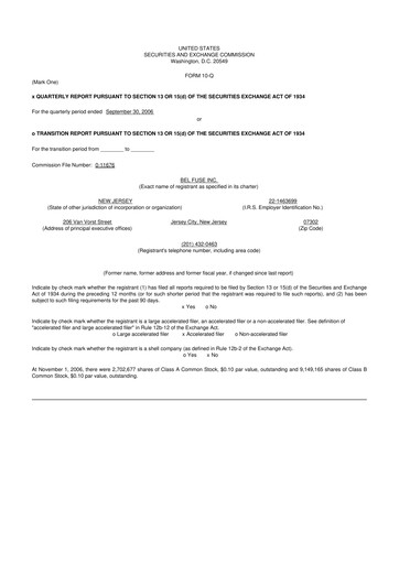 Miniature Bel Fuse 10-Q Rapport trimestriel  