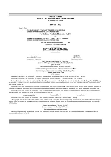 Thumbnail ConnectOne Bancorp 10-K Annual Report 