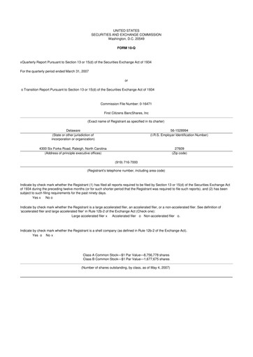 Thumbnail First Citizens BancShares
 10-Q Quarterly Report FY 