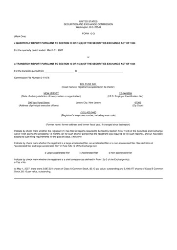 Miniature Bel Fuse 10-Q Rapport trimestriel  