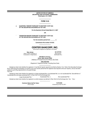 Thumbnail ConnectOne Bancorp 10-Q Quarterly Report FY 