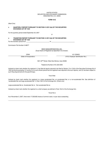 Thumbnail West Bancorporation 10-Q Quarterly Report FY 