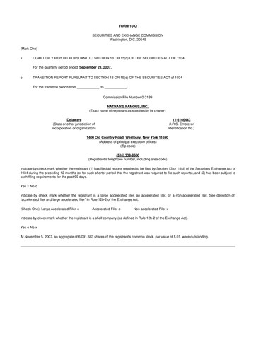 Miniature Nathan's Famous 10-Q Rapport trimestriel  