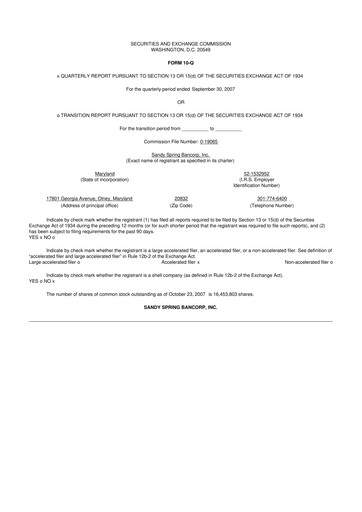 Miniature Sandy Spring Bank 10-Q Rapport trimestriel  