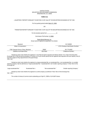 Miniature Sandy Spring Bank 10-Q Rapport trimestriel  