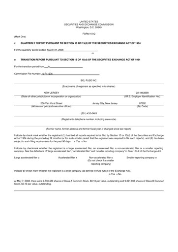 Miniature Bel Fuse 10-Q Rapport trimestriel  