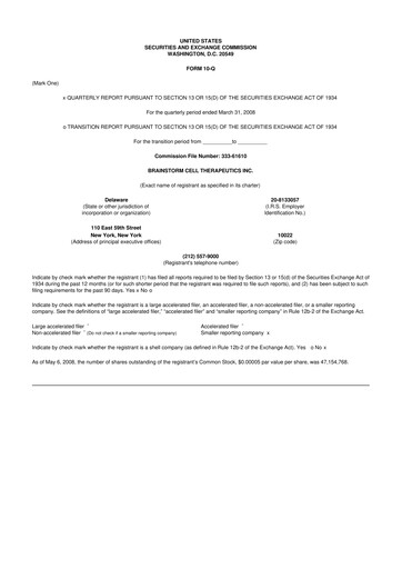 Vorschaubild BrainStorm Cell Therapeutics 10-Q Quartalsbericht  