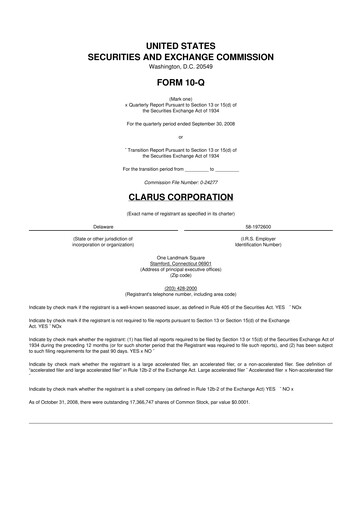 Thumbnail Clarus
 10-Q Quarterly Report FY 