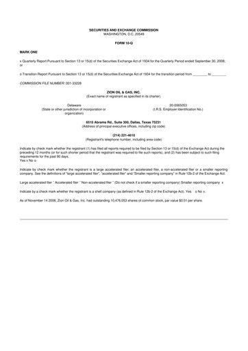 Miniature Zion Oil & Gas 10-Q Rapport trimestriel  