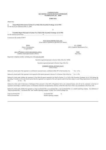 Thumbnail West Bancorporation 10-K Annual Report 