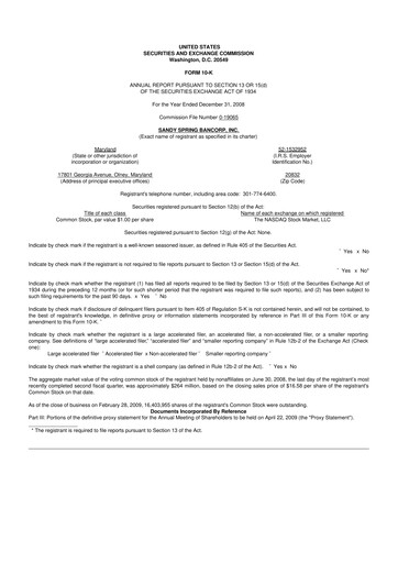 Thumbnail Sandy Spring Bank 10-K Annual Report 