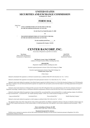 Thumbnail ConnectOne Bancorp 10-K Annual Report 