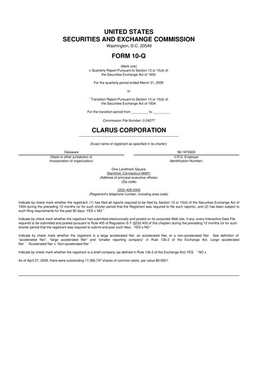 Thumbnail Clarus
 10-Q Quarterly Report FY 